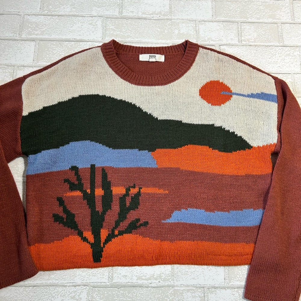 Colorful Landscape Nature Inspired Cropped Knit Sweater Size Large